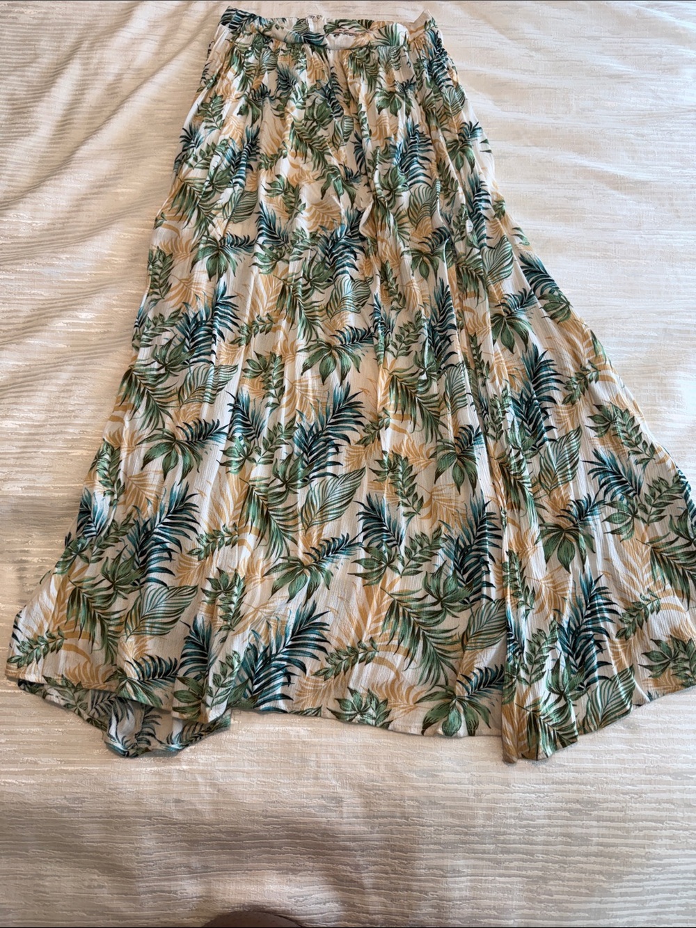 miami Tropical Leaf Print Maxi Skirt in Green and Cream